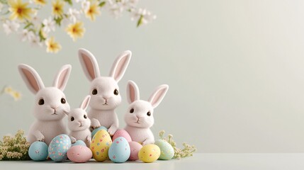 Obraz premium A group of stuffed rabbits are sitting on a table with a bunch of Easter eggs
