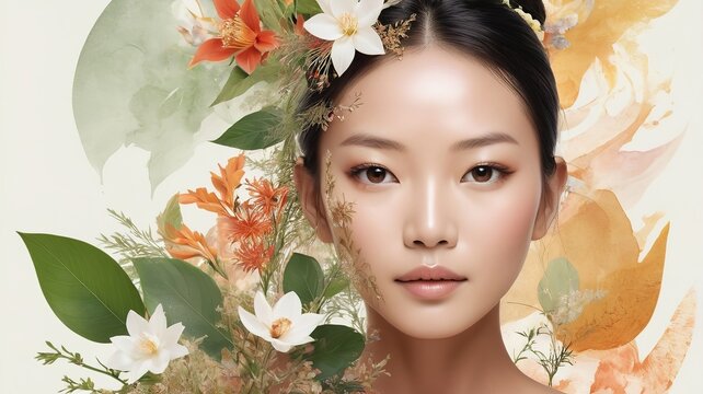Artistic close-up of a asai asia woman's face overlaid with lush plants and flowers
