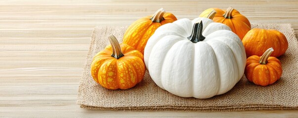 White pumpkin surrounded by orange pumpkins on a rustic burlap background.