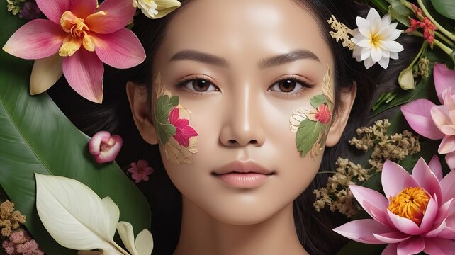 Artistic close-up of a asai asia woman's face overlaid with lush plants and flowers