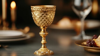 Ornate golden goblet encrusted with sparkling jewels placed prominently on a regal dining table showcasing the lavish and prestigious nature of this formal celebratory scene