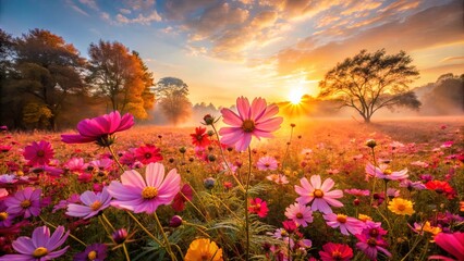 Fototapeta premium A Serene Dawn Illuminates A Field Of Vibrant Blossoms, Their Petals Unfurling In The Golden Light Of The Rising Sun, A Breathtaking Symphony Of Nature's Beauty
