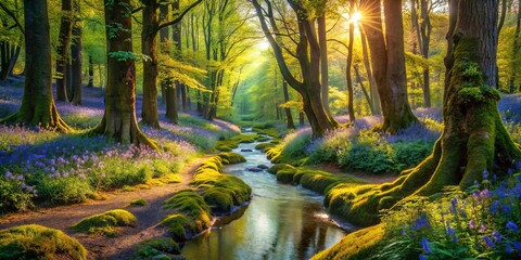 Obraz premium Sunlight Illuminates a Serene Forest Stream, Where Moss-Covered Trees Embrace a Path Through a Field of Delicate Blue Flowers