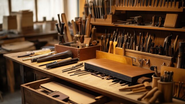 A cozy bookbinding workshop with bookbinding tools and leather, Bookbinding tools arranged on workbenches, Artisanal workshop style