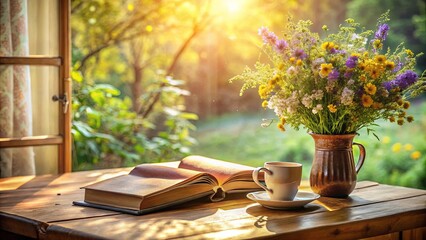 Fototapeta premium A warm morning, bathed in golden light, inviting you to relax with a cup of coffee and lose yourself in the pages of a book, surrounded by the beauty of a blooming bouquet.