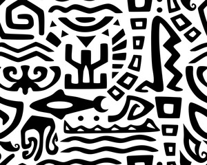 Hawaiian motifs.. Tiki seamless pattern. Aztec textile print.Geometric, vector background. Suitable for printing on fabric and paper, for parties. 