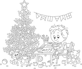 Little boy sitting at his table near a Christmas tree in a decorated nursery room with toys and writing a letter to Santa Claus, black and white outline vector cartoon illustration for a coloring book