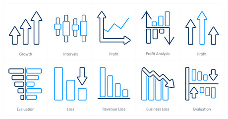 Obraz premium A set of 10 Diagrams and Reports icons as growth, intervals, profit