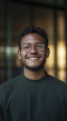 Fototapeta premium Cheerful Young Man with Glasses Smiling Against a Modern Background