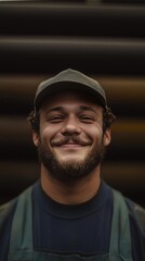 Obraz premium Cheerful Young Worker Smiling in a Cap, Perfect for Portraits and Professional Themes