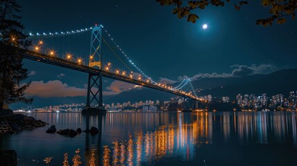 Fototapeta premium Majestic Bridge Illuminated Over Urban Waterscape