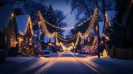 A street with houses lit up with Christmas lights