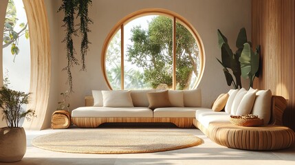A cozy and modern living room featuring a large round window, lush greenery, soft furnishings, and warm wooden accents, creating a tranquil atmosphere.