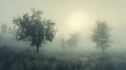 Fototapeta premium Misty Landscape with Trees and Soft Light