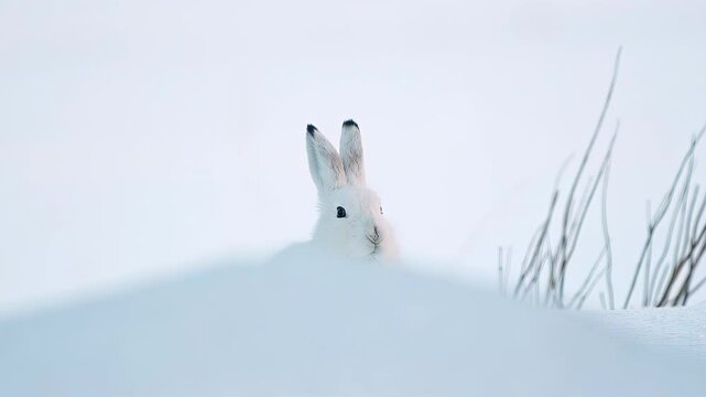 A White Mountain Hare eating on a sunny, snowy day