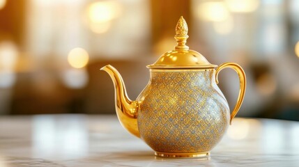 A luxurious gold teapot with intricate ornate details placed on a high end formal dining table exuding a sense of elegance sophistication and refined opulence