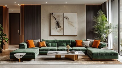 Modern living room featuring a stylish green sectional sofa, orange cushions, elegant artwork, and lush plants, creating a cozy and inviting atmosphere.