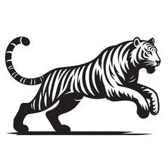 A black and white illustration of a tiger leaping.