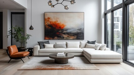 Modern living room featuring a stylish sectional sofa, a round coffee table, and large windows with natural light, creating a cozy atmosphere.