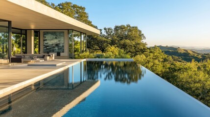 Modern house with an infinity pool overlooking a serene landscape at sunset.