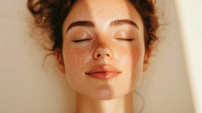 Closeup portrait of a young woman with a clear luminous complexion gently massaging her face in a serene modern interior setting  She appears relaxed