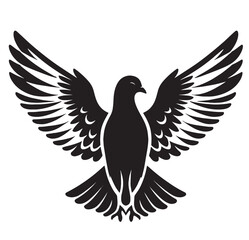 A black and white silhouette of a dove with its wings spread.