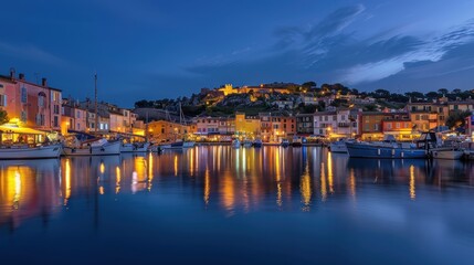 Fototapeta premium Serene Night Harbor Scene with Reflective Lights