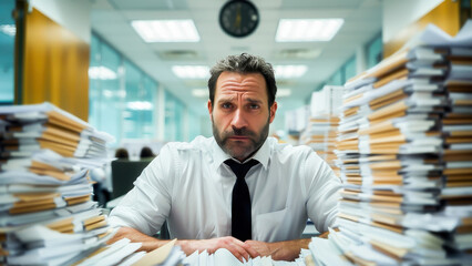 A business professional surrounded by stacks of paperwork appears focused and determined. This image captures the intensity of corporate life and the challenges of managing a high workload.
