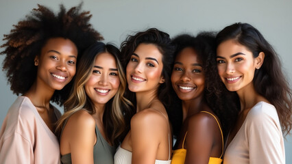 Obraz premium Smiling Young Multiracial Girls Posing Together, Celebrating Diversity and Friendship. 