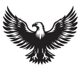 A black and white silhouette of an eagle with its wings spread wide.