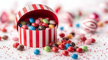 Colorful Candy Box with Spilled Treats on White Background