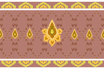 Classic Thai fabric pattern, gold color, geometric seamless, light brown background illustration. Vector, design.