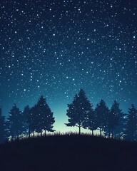 Naklejka premium An enchanting forest scene illuminated by starlight, with trees silhouetted against a dazzling sky full of stars, perfect for commercial use, leaving space for text