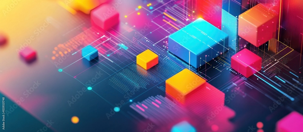Wall mural abstract 3d rendering with colorful cubes, lines and dots on a dark blue background.