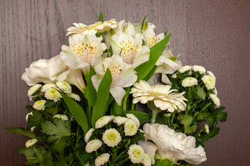 Wrapped white eustoma flowers bouquet.