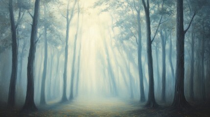 Naklejka premium A misty forest in autumn, with tall trees and fallen leaves on the ground. The sun shines through the foggy sky, creating an ethereal atmosphere.