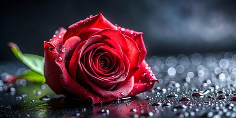 A Single Crimson Rose Glistens With Dew Drops, Its Rich Color Contrasting Against a Dark, Reflective Surface