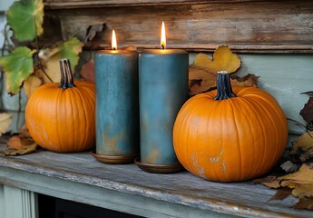 a pumpkins and candles on a shelf

