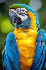 Fototapeta premium Blue-and-yellow macaw posing with bright blue and yellow feathers