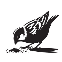 Black and white illustration of a bird eating seeds.