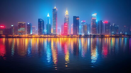 Fototapeta premium Urban skyline at night with illuminated skyscrapers reflecting on a calm river, showcasing vibrant colors of city lights, perfect composition for a poster, space for text