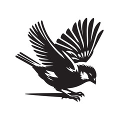 Black and white illustration of a bird with its wings spread out, flying.