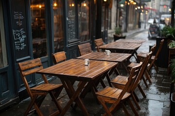 Fototapeta premium Empty wooden tables and chairs sitting outside cafe in rain
