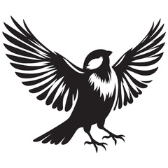 Black and white illustration of a bird with wings outstretched.