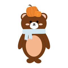 Cute drawing cartoon bear with pumpkin. cute animal drawing, doodle, sticker for autumn vibes