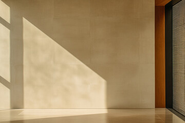 Sunlight casts dramatic shadows on minimalist interior wall in modern architectural space