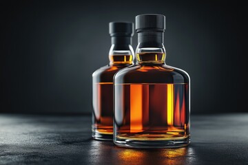 Two bottles of whiskey resting on a slate countertop are reflecting light