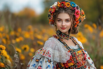 Young woman wearing traditional slovak folk costume posing in autumn nature