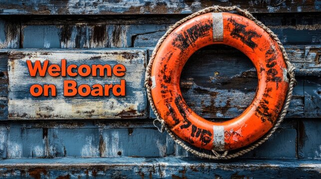 Orange life preserver hanging on weathered blue wooden wall welcoming all visitors on board