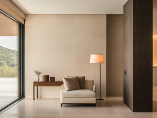 Elegant minimalist living room with modern furnishings and natural light in a contemporary home